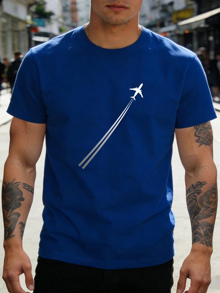 Unisex Red Tee Minimal Airplane Contrail Graphic Print Short Sleeve Loose Casual Street Basic Top For Adult Male Daily Wear Outfit