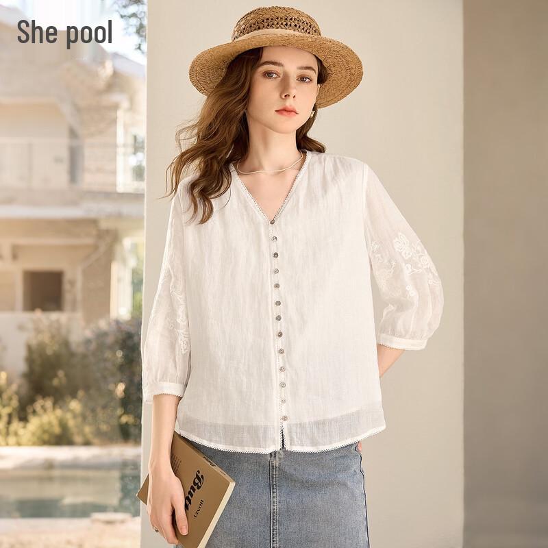 Women s Embroidered Ramie V-Neck Loose Blouse XL