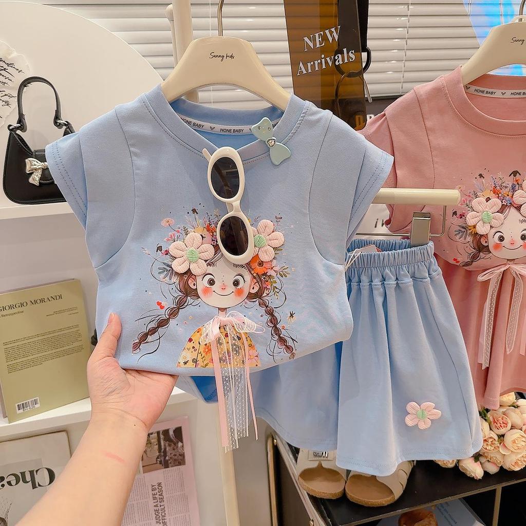 2026 Summer Girls' Cotton Short-Sleeve T-shirt and Shorts Set - Casual Stylish Two-Piece for Kids