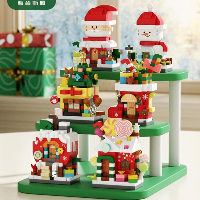 DIY Christmas Santa Snowman Claus Socks Eve Architecture Store Street View Xmas Tree Snow House Building Blocks Kit Toy