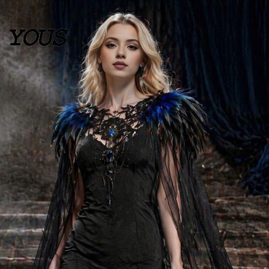 Feather Cape for Halloween Gothic Cloak Men Women, Tulle with Women's Party Wrap Shawl Shrug Shoulder Witch Cosplay Costume, Stage Performance Collar