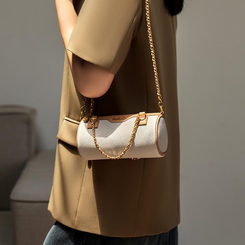 Mrs. Qiao Women's Bag 2025 New Crossbody Bag Autumn Winter High-End Niche Cylinder Bag Genuine Leather Women's Bag with Chain