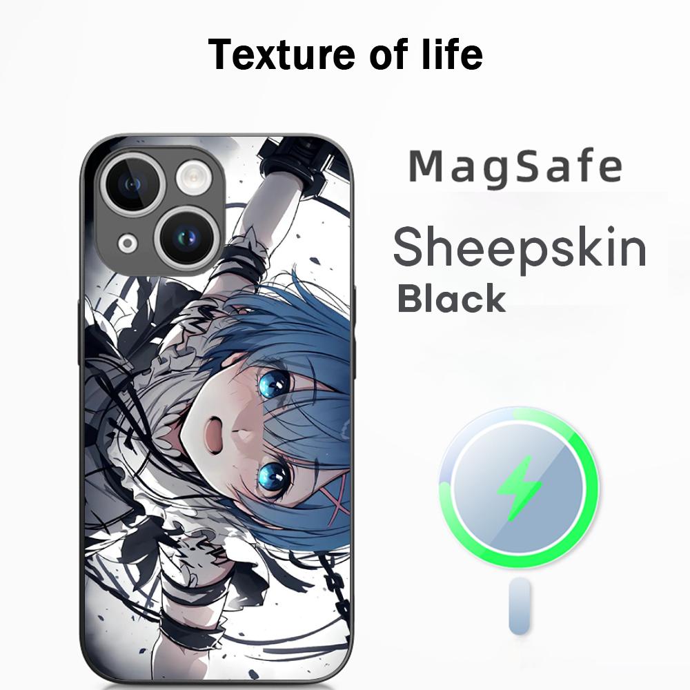 Coque de téléphone motif anime classique fille mignonne Re zero Pour iPhone 17 16 15 14 13 12 Plus Pro Max Haut de gamme Luxe Magsafe Peau de mouton