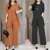 Women's Spring and Autumn Models Loose Plus Size Round Neck Short Sleeved + Long Sleeved Jacket + Loose Wide Leg Trousers Casual Wear Three Piece Set