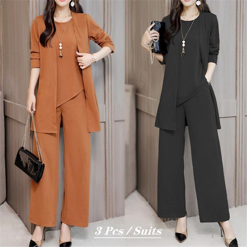 Women's Spring and Autumn Models Loose Plus Size Round Neck Short Sleeved + Long Sleeved Jacket + Loose Wide Leg Trousers Casual Wear Three Piece Set