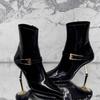 [Spot] Winter Pointed Patent Leather Short Boots for Women, European and American Temperament, Gold Fine Heel Side Zipper, Black High Heels for Women