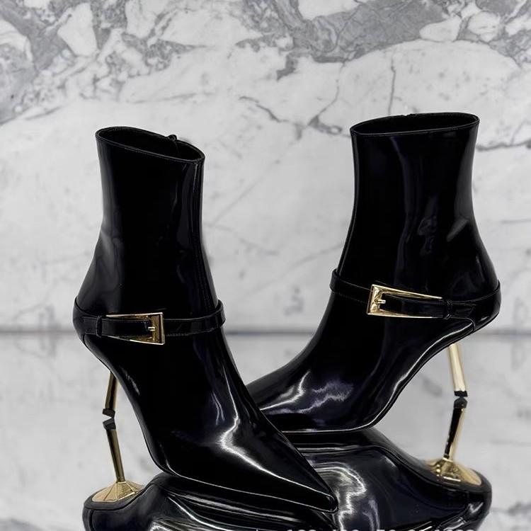 [Spot] Winter Pointed Patent Leather Short Boots for Women, European and American Temperament, Gold Fine Heel Side Zipper, Black High Heels for Women