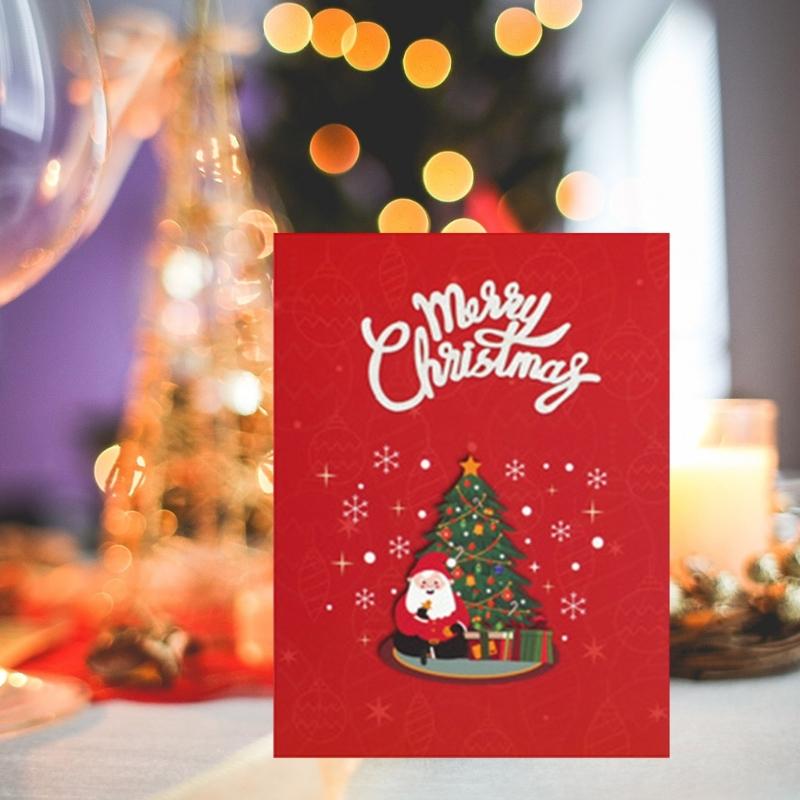 LED Işıklı Müzikli Noel Kartı Katlanabilir 3D Açılır Tebrik Kartı Zarfıyla El Yapımı Davetiye Kartpostalı