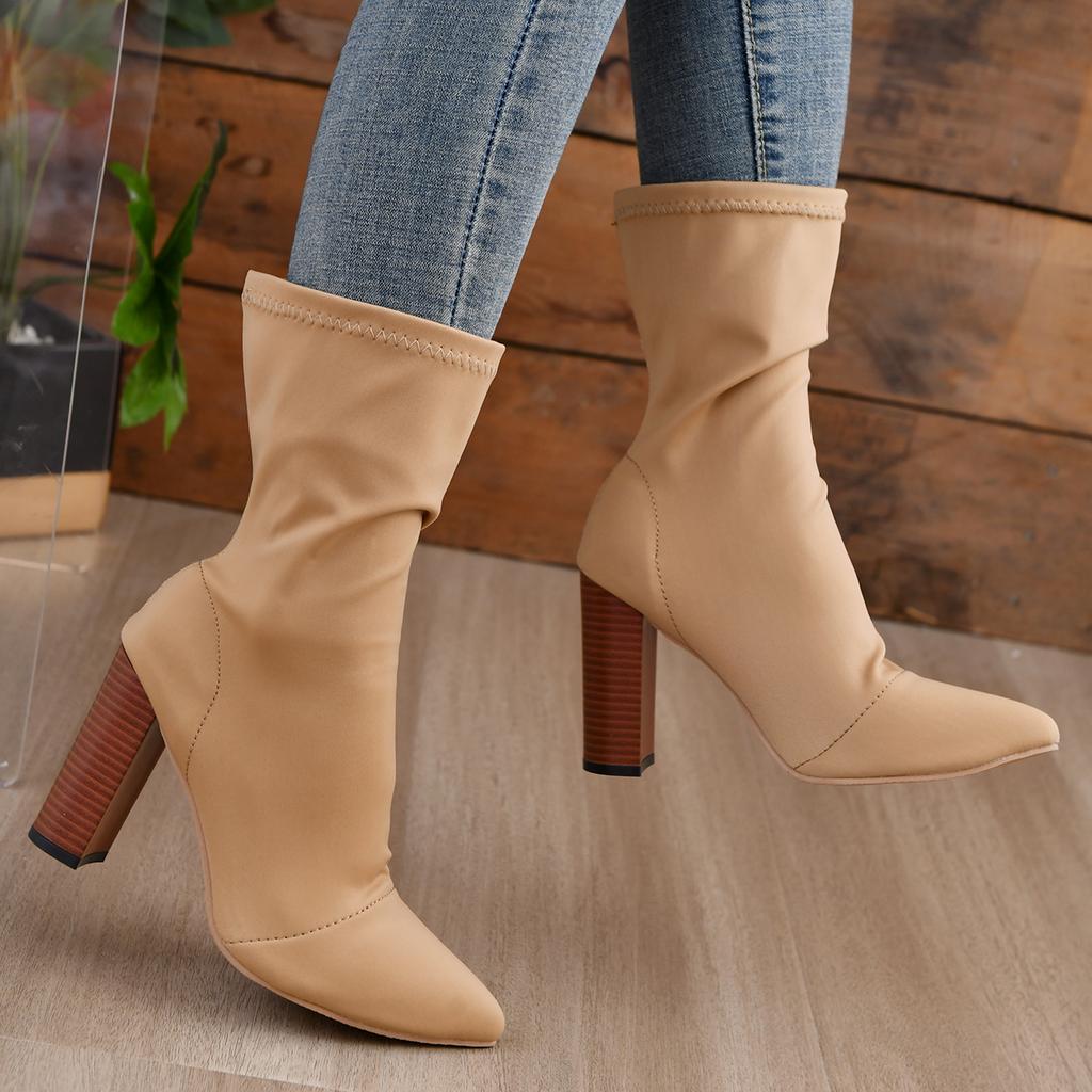 Ladies Shoes 2024 Fashion Women's Boots Square Heel Mid-Calf Ankle Boots for Women Pointed Toe Stretch Sock Boots Bota Feminina