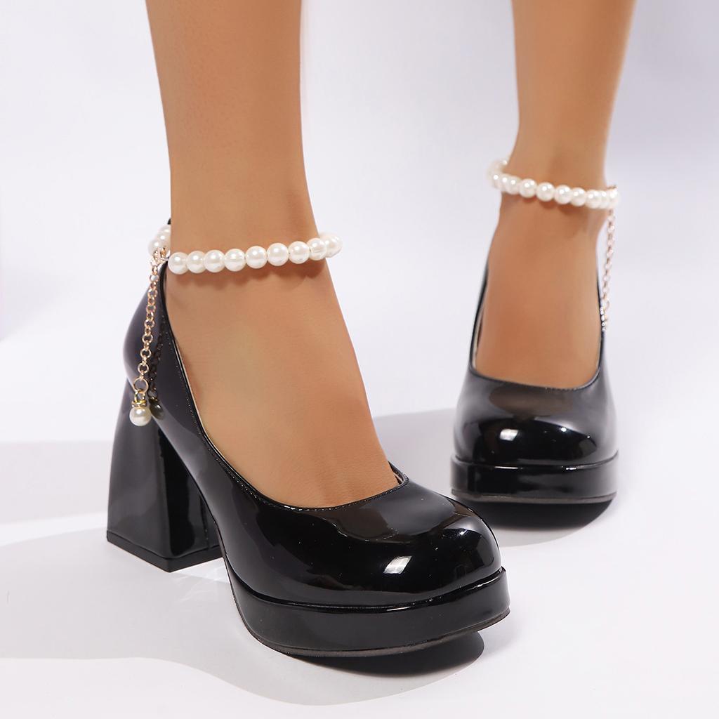Fashion Chunky Platform High Heels Pumps Women Fashion Pearl Ankle Strap Party Shoes Woman Patent Leather Thick Heeled Mary Jane Shoes