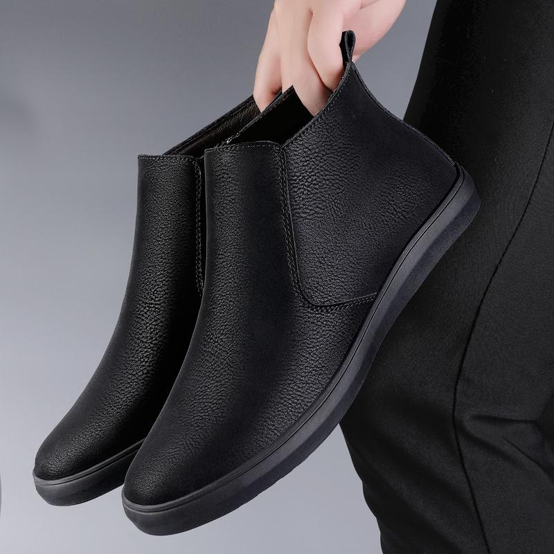 Fashion Winter New Velvet Chelsea Men's Boots Luxury Brand Business High Top Shoes Comfortable Flats Bottom Soft Quality Leather Boots