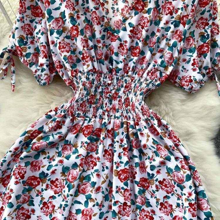 Sommer Blomstermønster V-hals Kort Erme Høy midje A-linje Hverdagskjole Kvinner Vår Ankellengde