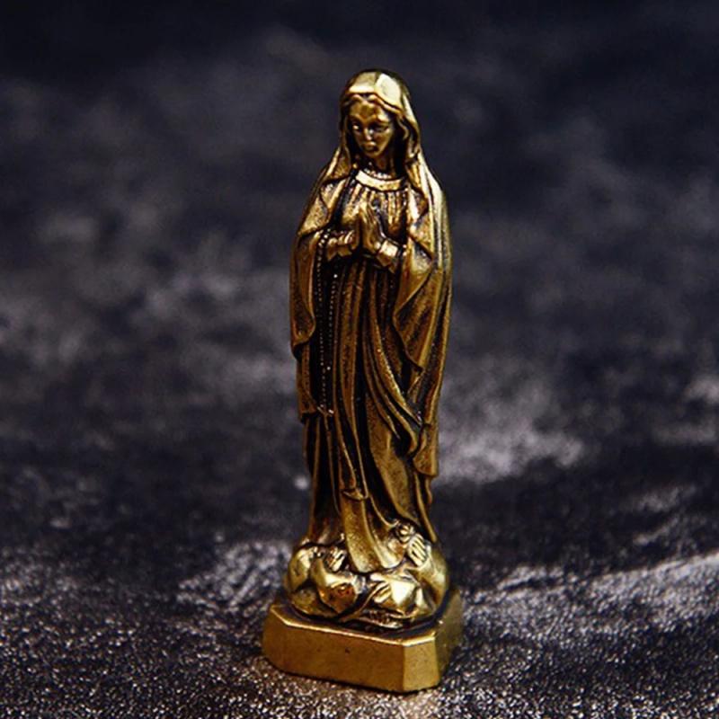 Vintage Brass Virgin Mary Figurines Mini Holy Mother Sculpture Religious Crafts Home Decor Ornaments