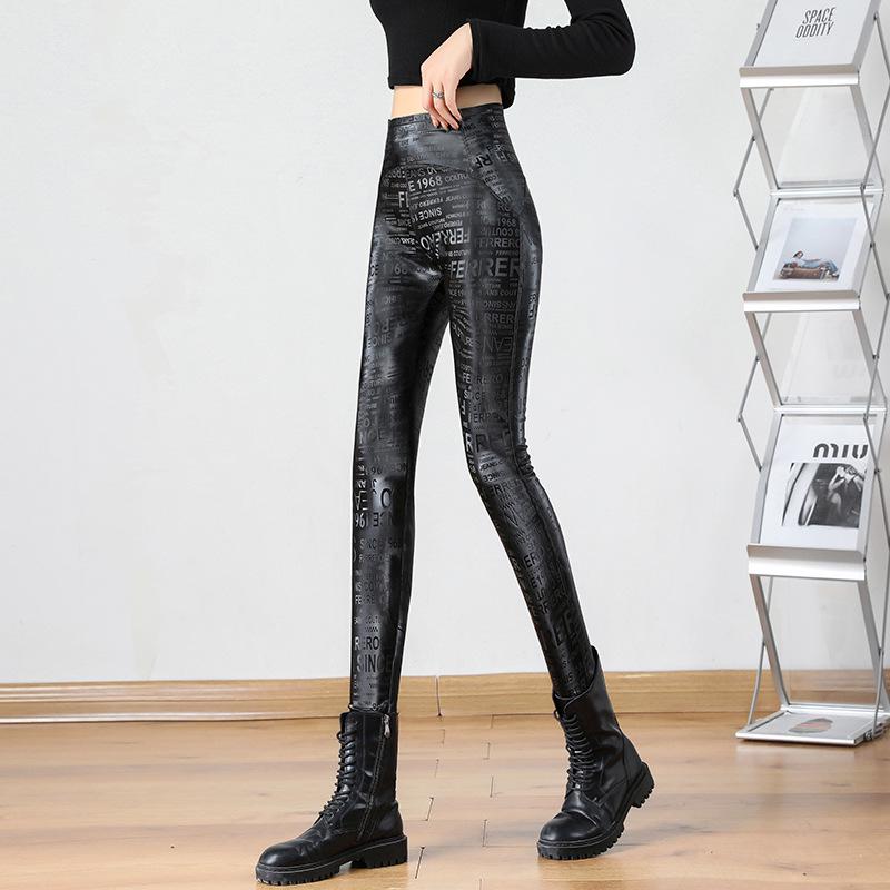 Women's High Waist Black PU Leather Motorcycle Pants, Winter Plus Size Elastic Pencil Leggings with Velvet Lining