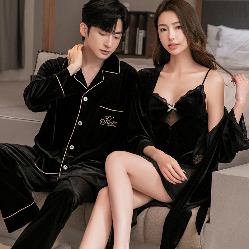Black golden velvet sexy sex temptation couple pajamas women's 1011 new autumn and winter suspender nightdress nightgown set