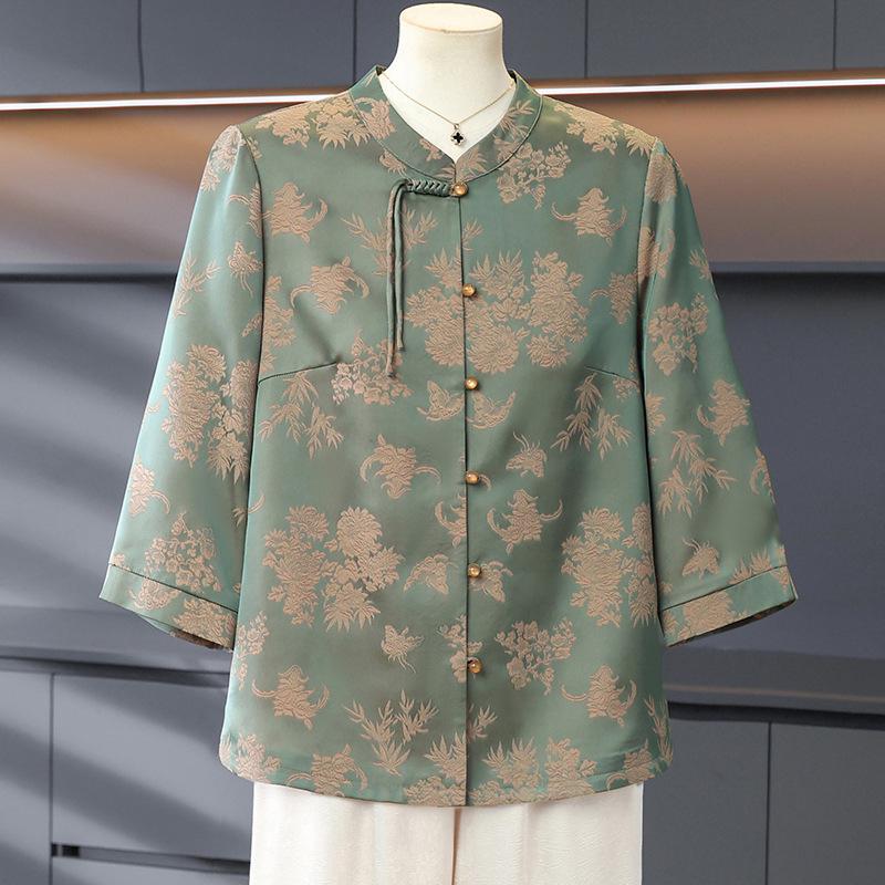 

Elegant Seven-Sleeve Chinese Style Top for Women - Loose Fit, Printed Design, Perfect for Middle-Aged and Elderly Mothers or Grandmothers 2XL (recommended 55-60kg)
