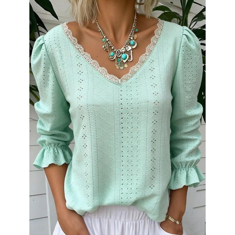 2026 Spring New Women's V-neck Hollow Casual Mid-sleeve Solid Color Top