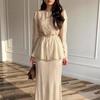 Cross-border European and American women's clothing  Amazon casual fashion round neck belt lady long sleeve hip skirt two pieces