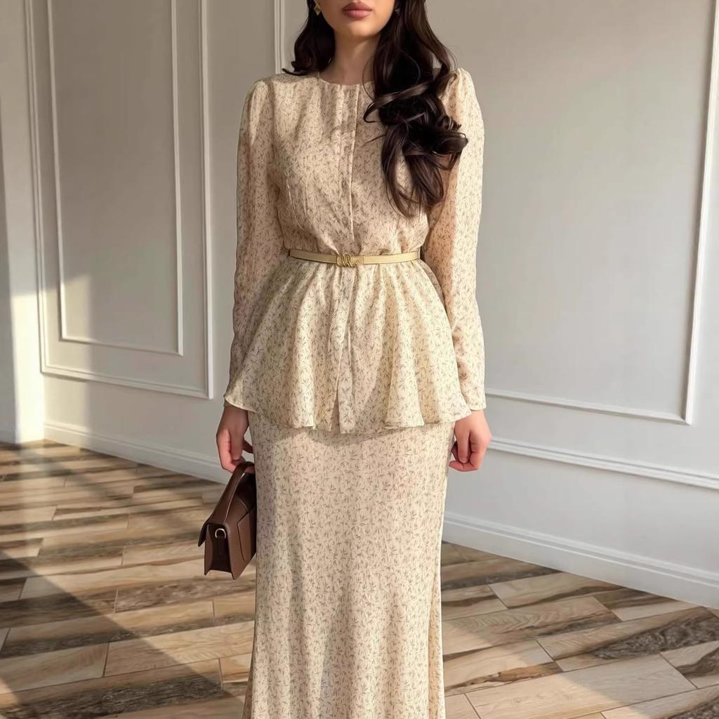 Cross-border European and American women's clothing  Amazon casual fashion round neck belt lady long sleeve hip skirt two pieces