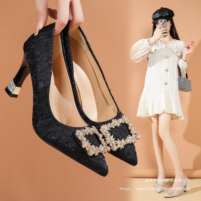 2025 new pointed rhinestone square buckle high heel thick heel single shoes women's Doudou shoes Internet celebrity shallow mouth evening wind wome