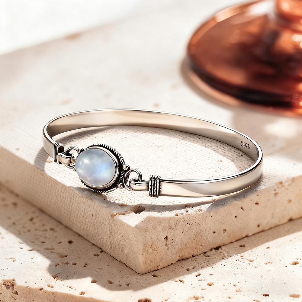 Vintage Silver Natural Oval Moonstone Bangle 7.5 inches Handmade Bangle Fine Jewelry Valentines Gift for Girlfriend Women
