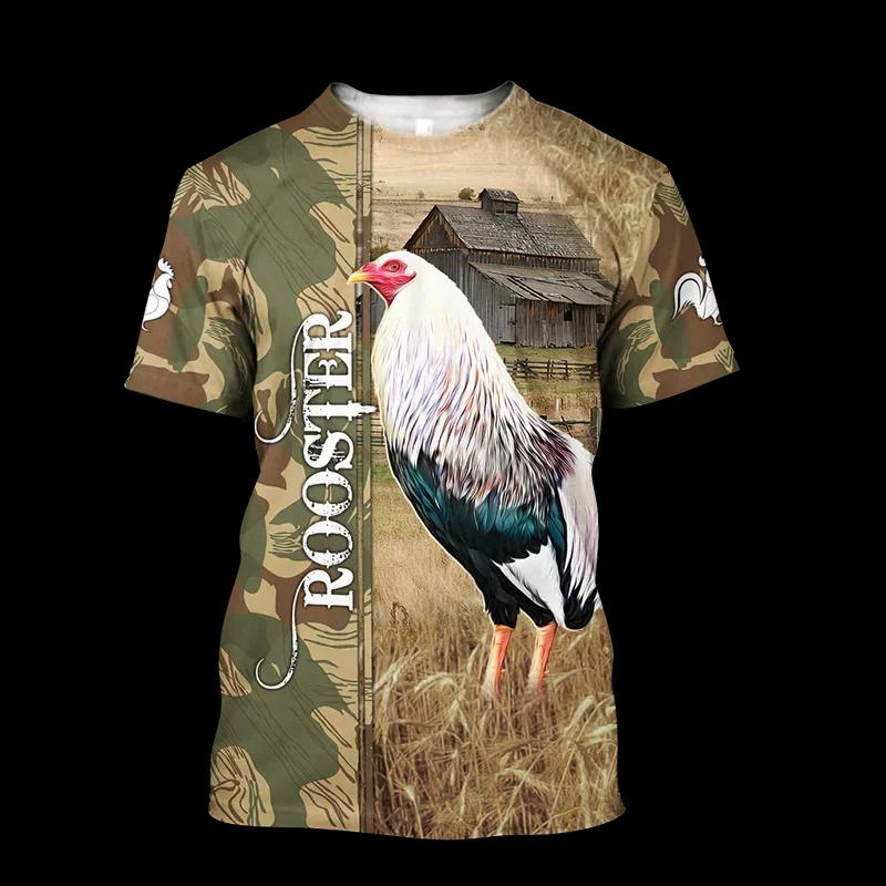 Fighting Rooster 3D Printed Round Neck T-shirt for Men, Fashionable Short Sleeved Pullover, Casual Street Harajuku Tops