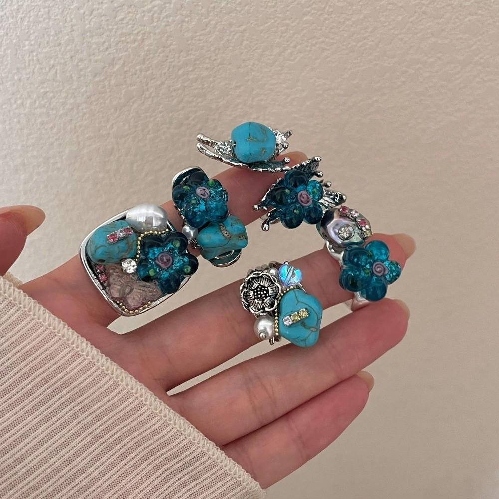 Rhinestone Turquoise Rings Stackable Western Geometric Ring Fashion Glass Flower Ring  Jewelry