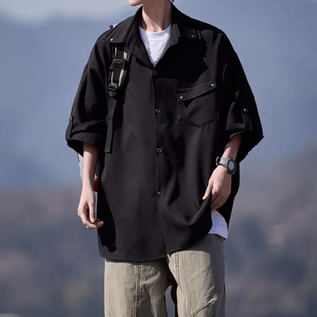[Inkpoo] Men's Summer Shirt, Short Sleeve, Oversized, Loose Fit, Body-Shaping, Sweat-Stain Resistant, Comfortable, Breathable, Soft Touch, Lightweight