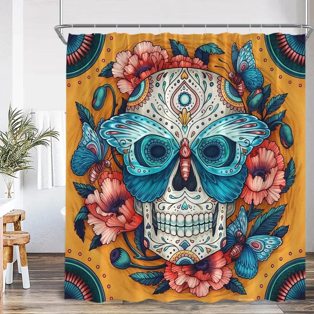 Happy Skull Shower Curtain Halloween Night Party Skull Bathroom Decoration Vintage Polyester Fabric Shower Curtain