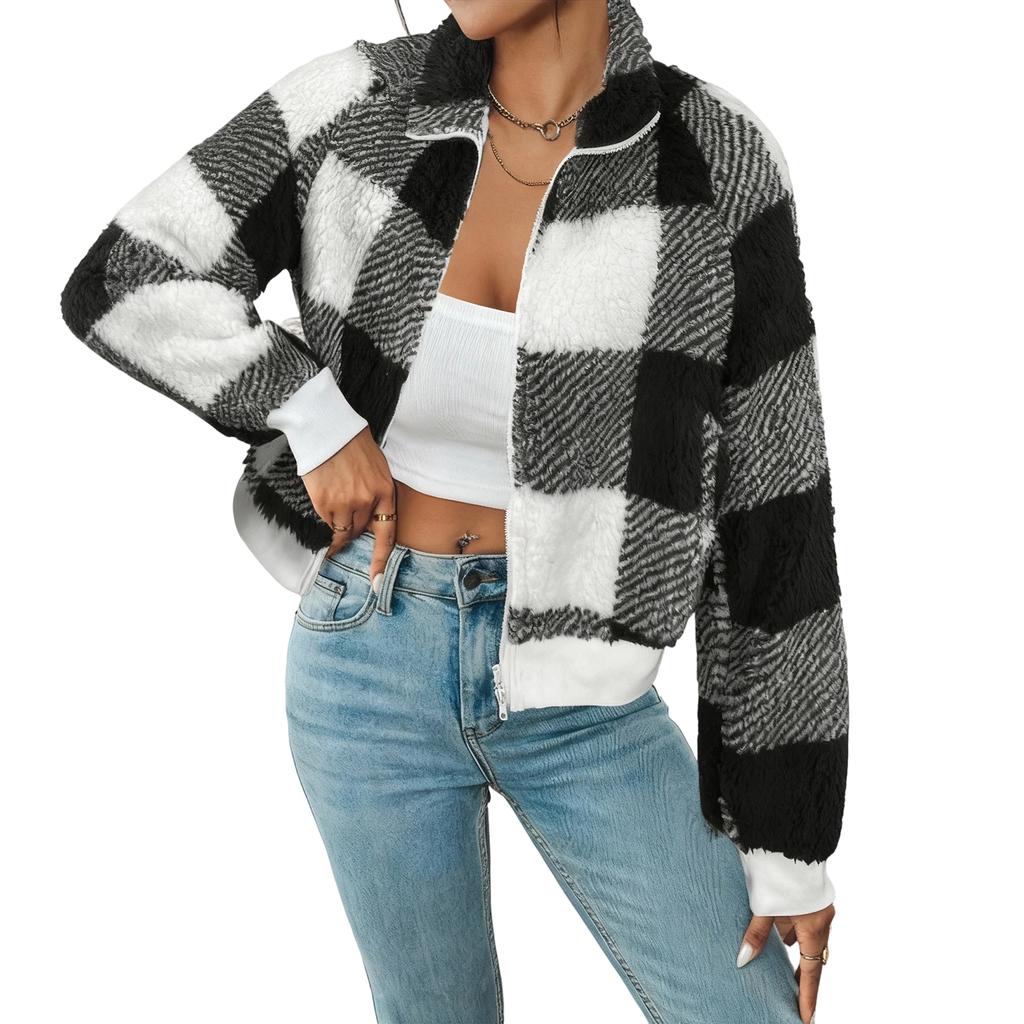 Damen Modische Reißverschluss Kariert Plüsch Warm Und Locker Lässig Langärmelig Kurze Jacke