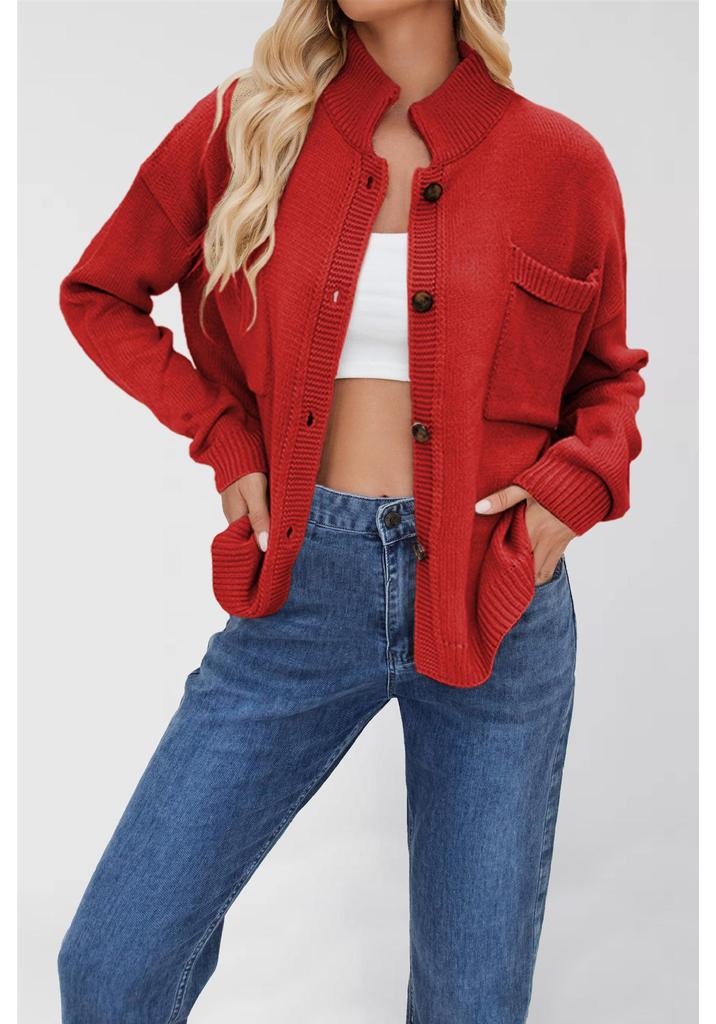 Women's Plus Size Solid Color Knitwear Cardigan with Stand-up Collar - New 2026 Collection