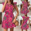 Women's Summer Flying Sleeves Round Neck Floral Pattern Strap Printed Short Dress