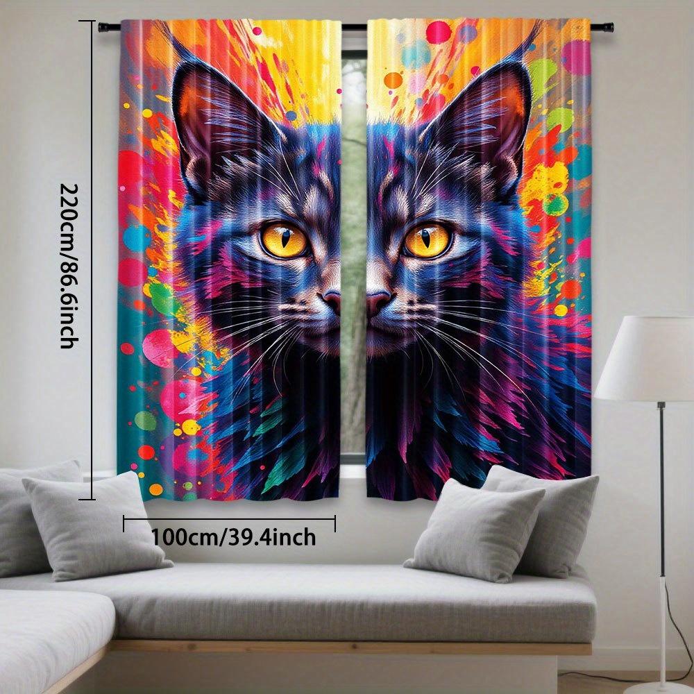 2pcs Vibrant Cat Art Print Curtains - Colorful Abstract Design   Semi-Transparent Polyester   Rod Pocket for Easy Hanging   Perfect