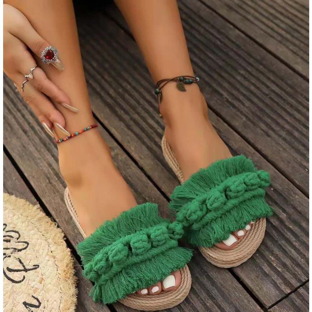 

Женские модные шнурки с кисточками - нескользящие, износостойкие, удобные, мягкие подошвенные сандалии на плоском каблуке 42 зелёный