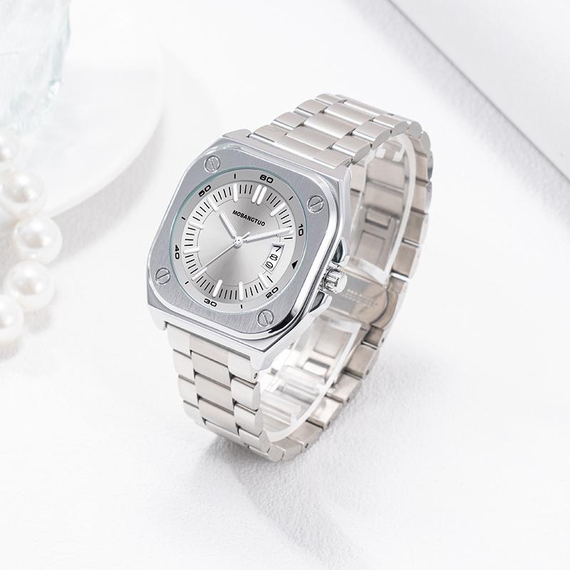 Square Steel Belt Large Dial Watch Calendar Luminous Trend Waterproof Quartz Watch