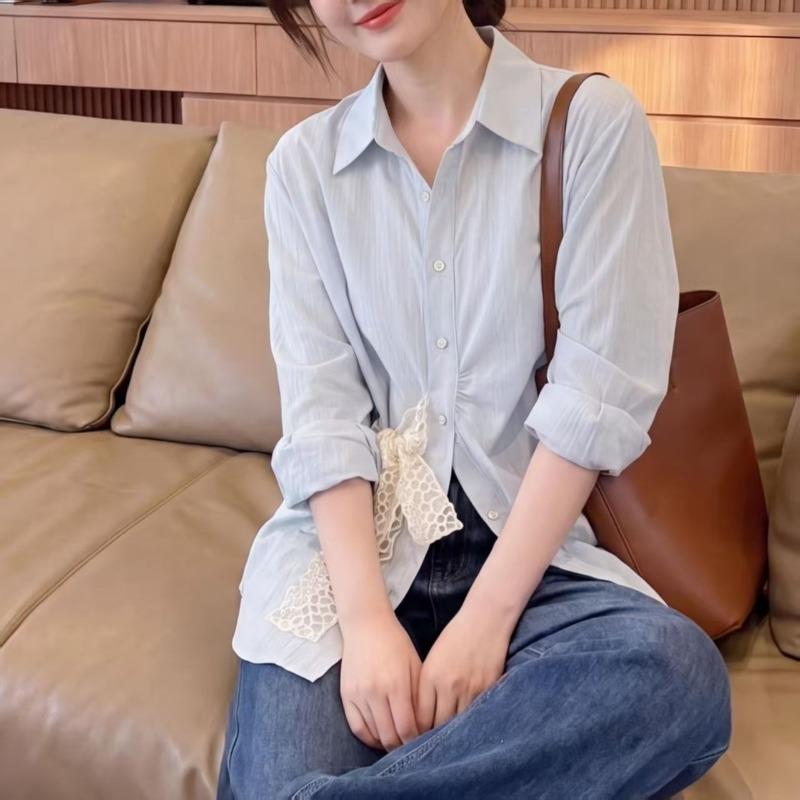 Ladies' Solid Color Shirt Women's Turn Down Collar Lace Bow Long Sleeved Blouse Spring New Version Loose Versatile Casual Top