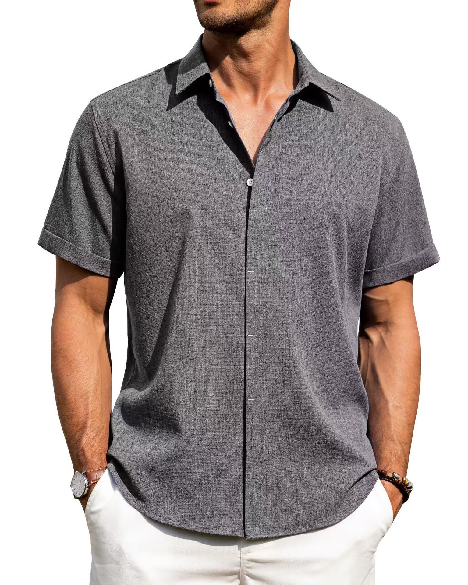 

New summer ebey tie-dye light mature casual linen short-sleeved shirt S серый