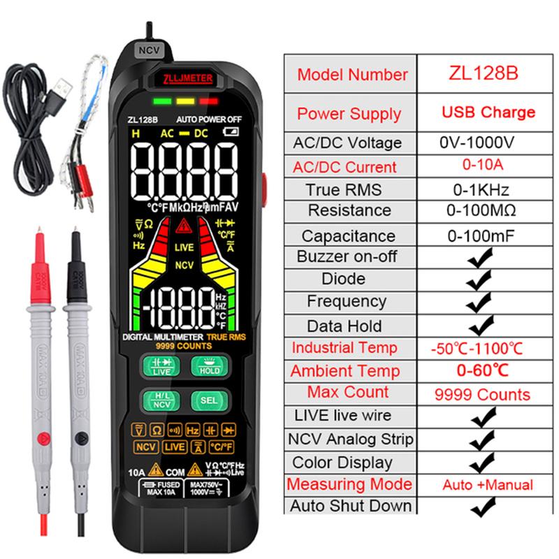 Multimetro Digital Profesional Multimeter 9999 T-RMS LCD Multimetre DC AC Current Voltage Tester Capacitance Diode Usb Tester