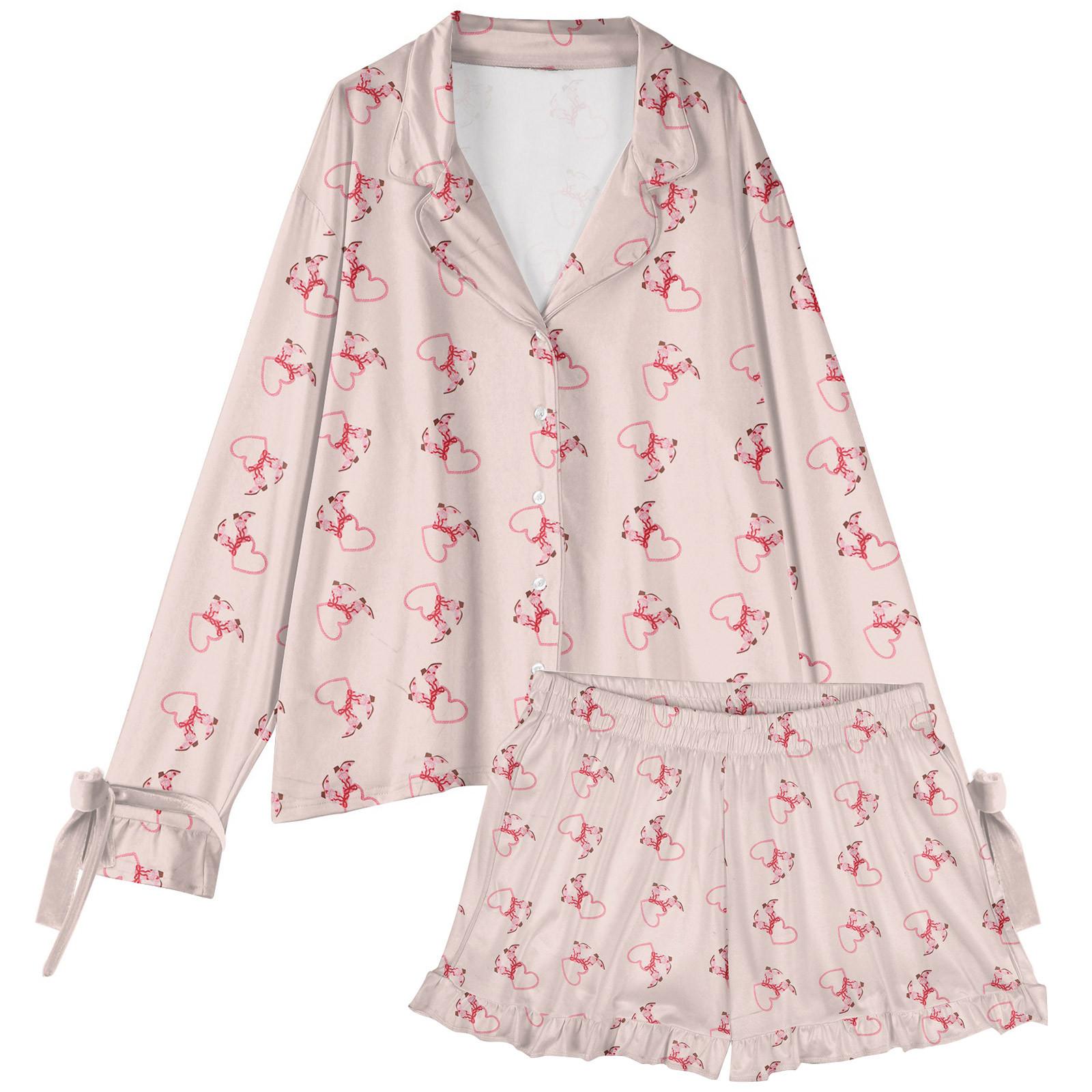 

Женский костюм из 2 предметов с принтом, топ на пуговицах с длинными рукавами, широкие брюки, комплект, пижамный домашний повседневный костюм L бежевый