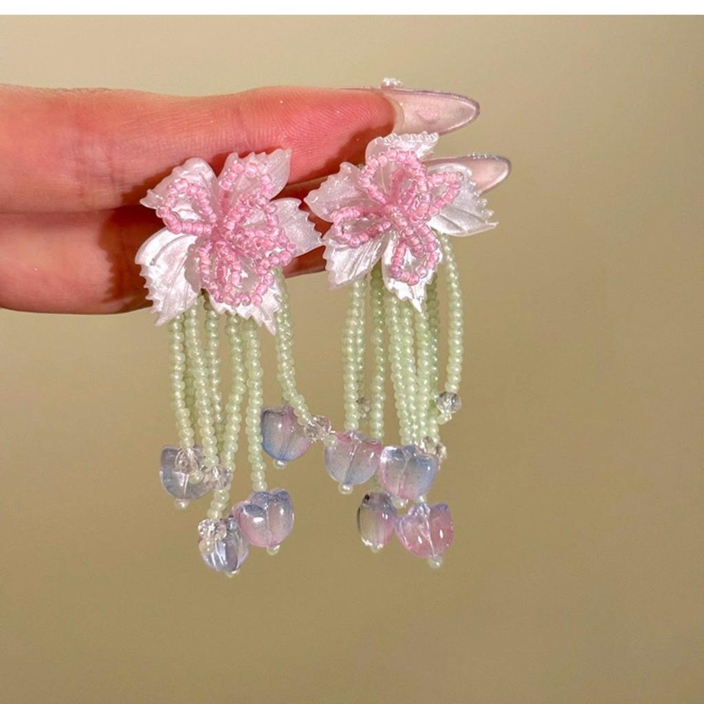 Vintage kontrastierende Blumen Perlen Quasten Ohrringe Sommer süßes Mädchen Herz Ohrringe Reise Foto Urlaubsstil Ohrringe