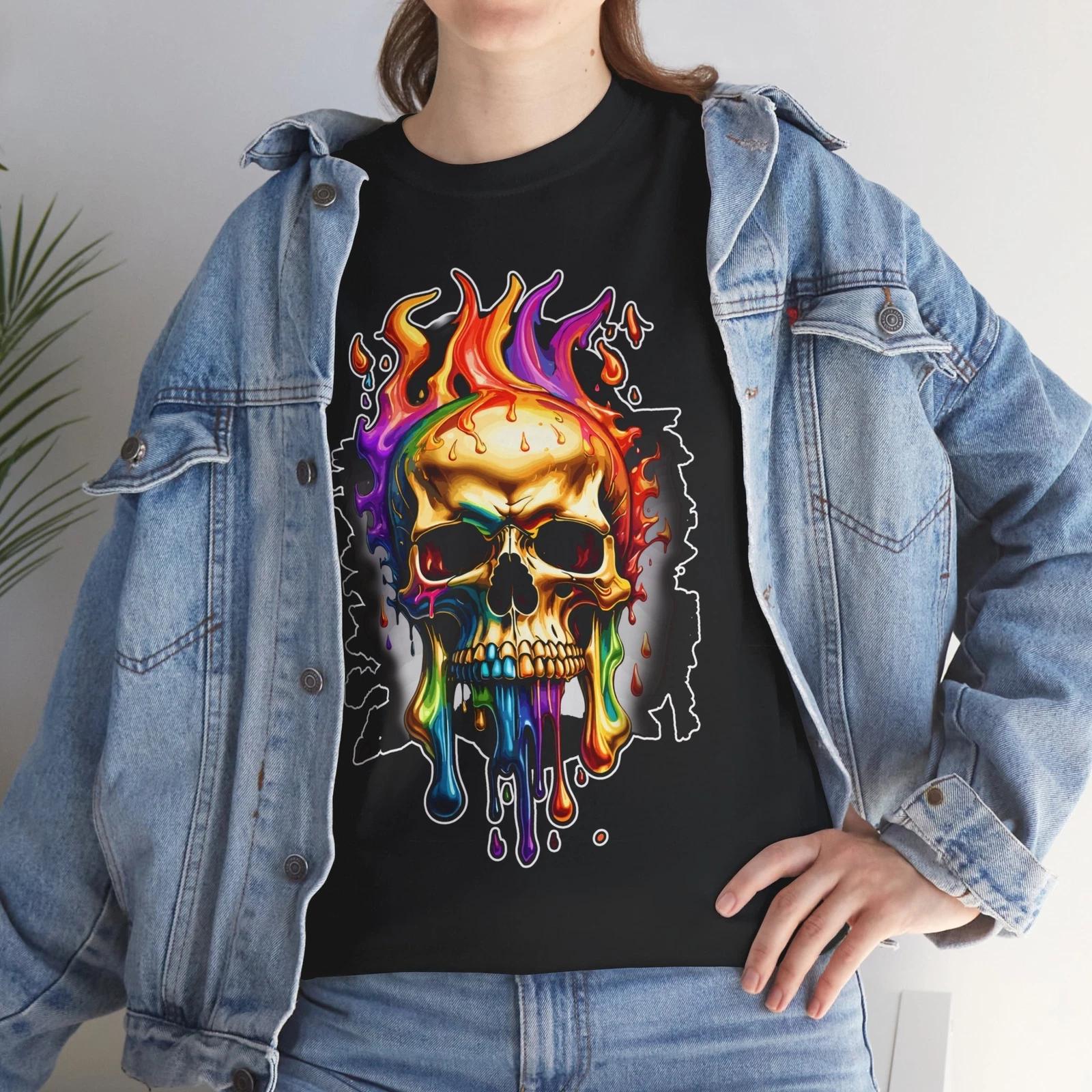 MELTING SKULL COLORFUL FIRE AWESOME GRAPHIC T SHIRT Unisex Heavy Cotton Tee S