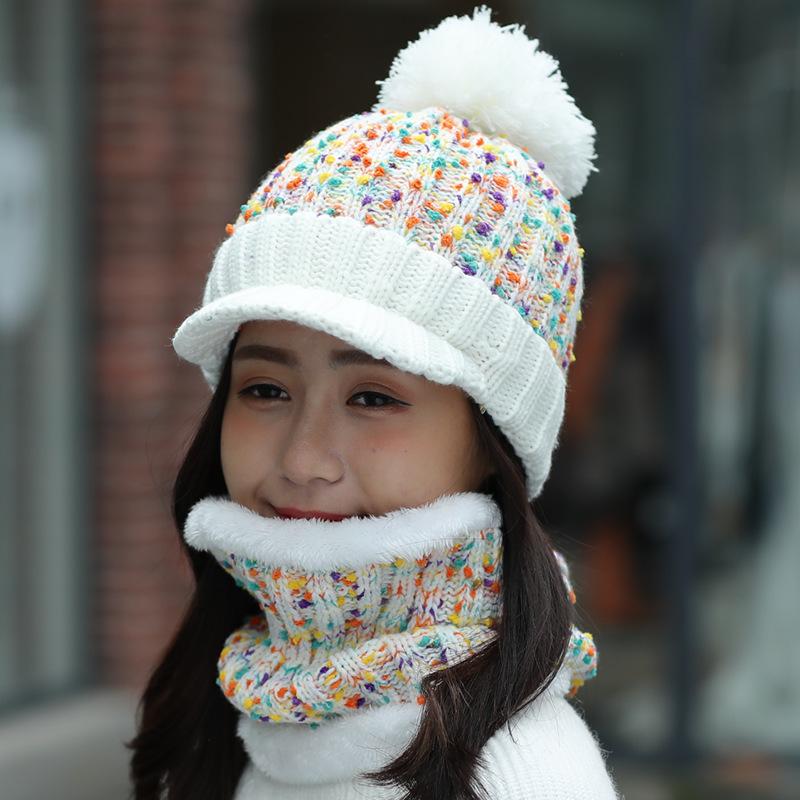 Autumn and winter women's hats trendy velvet thickened warm hairball wool hat scarf knitted hat two-piece set