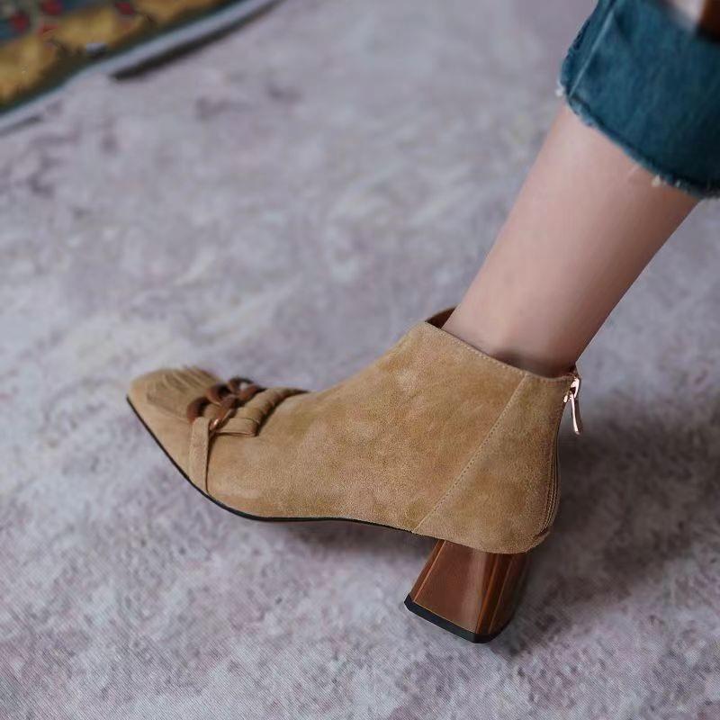 Mode Fransen High Heels Stiefeletten Damen Quadratische Zehen Wildlederschuhe Winter 2025 Trend Elegant Büroschuhe Retro Pumps Zapatos Mujer