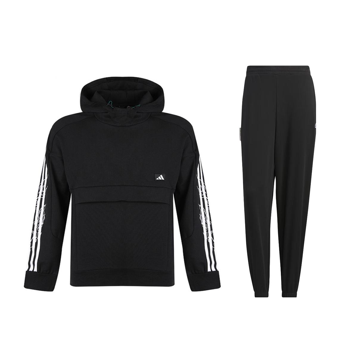 

Adidas Striped Hooded Long Sleeve Loose Knit Sweatpants Set Men Sweatpants Set Black GM4433+IV7589 S
