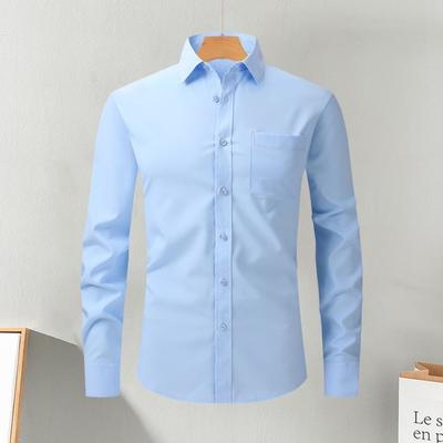 Camisa de vestir para hombre, de primavera y otoño, con cuello vuelto, corte ajustado, elástica, de un solo pecho, mangas largas, color puro, largo medio, formal, para negocios, eventos, oficina