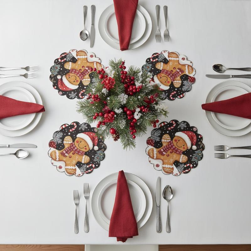 4PCS Christmas Circular Waves Placemats Non Slip Heat Resistant Table Mats Winter Dining Party Christmas Decor Round Tablecloth