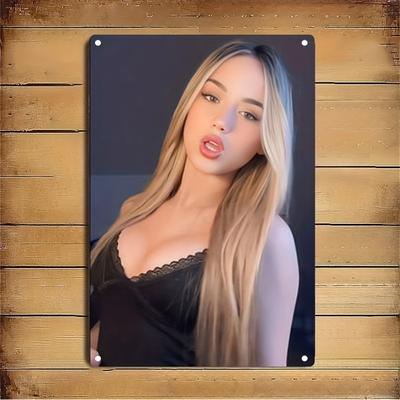 High Definition Tin Metal Sign Wall Art  Charming Young Woman In Light Green Off  Shoulder Crop Top with Lace  Up Details an