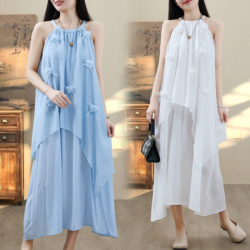 2025 Summer New Gentle Wind Solid Color Dress Fairy Vacation Fairy Lace Embroidered Vest Sleeveless Long Dress
