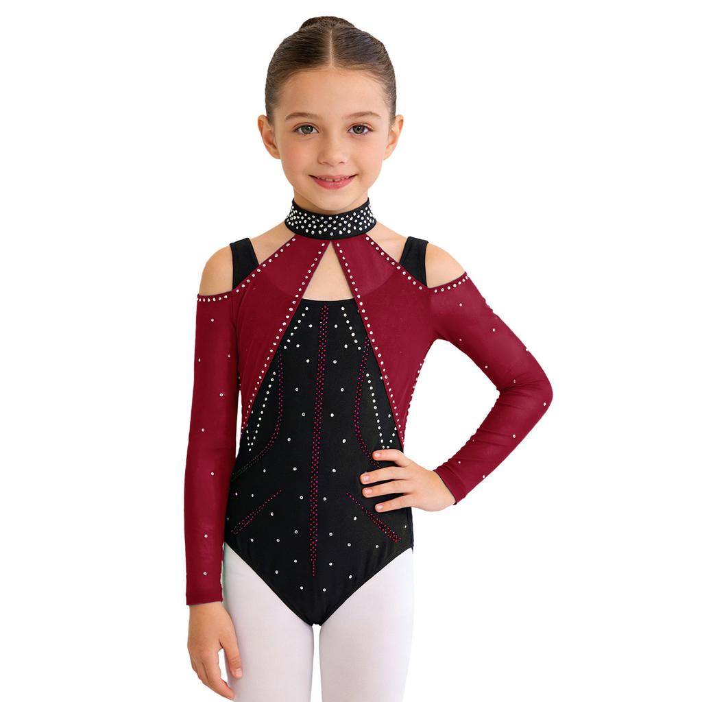 Kombinezon Gimnastyczny dla Dziewcząt Wycięcia Siateczkowe Patchwork Błyszczące Cyrkonie Color Block Body Baletowe