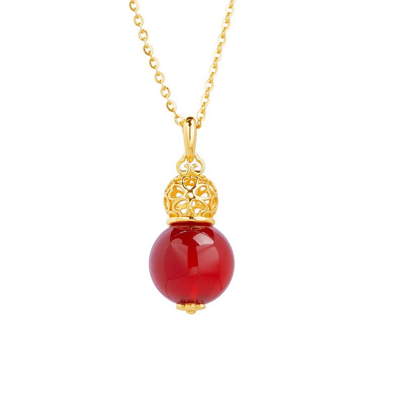 S925 Sterling Silver Fu Gourd Carnelian Pendant Necklace - Women's Chinese Style, Elegant Fresh Fashion Clavicle Chain